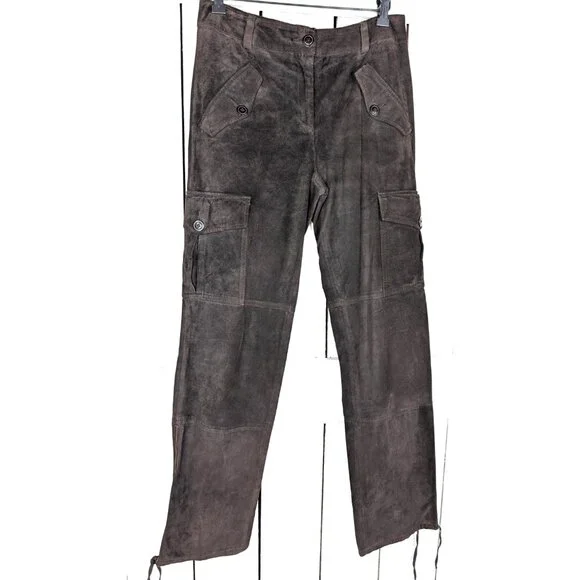 Vintage brown suede leather drawstring ankle cargo style pants